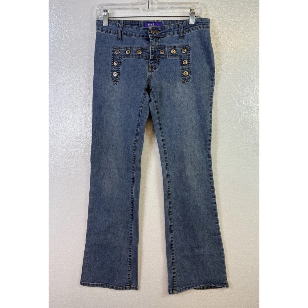 Vtg Y2K Val Jeans USA Women's Sz 7 Distressed Bootcut Blue Denim Stretch Hipster
